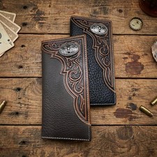 Longhorn Men's Long Leather Wallet   Western Tooled Bifold Checkbook
