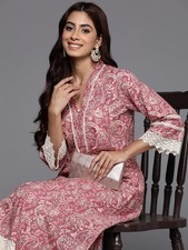 Indian Women BEAUTIFUL Pink COTTON Floral Printed Kurta Kurti Top Tunic Dress