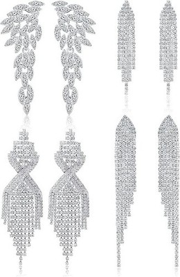 4 Pairs Silver Clip on Earrings, Rhinestone Tassel Chandelier Dangle Jewelry Set