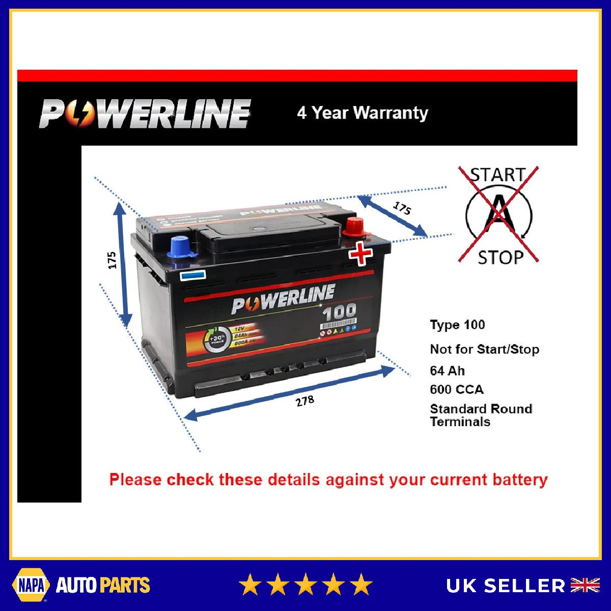 Battery fits FIAT MAREA ARGENTA 1.9D 2.4D 2.5D 81 to 07 100 600A 64Ah Powerline
