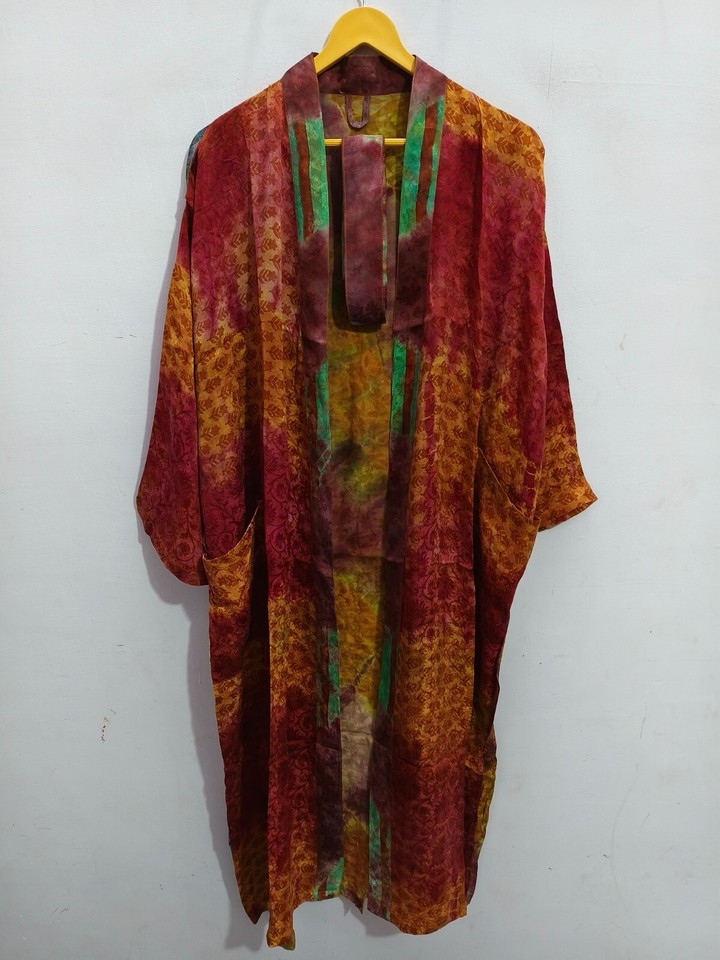 Luxury Bathrobe Tie Dye Sari Silk Kimono Bikini Cover Up Beach Wear, B