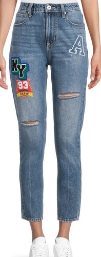 Nobo Jr Größe 9 hoch geschnittene Mom-Jeans abgenutzt knöchellang NY Patches tailliert - Bild 4 von 6