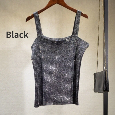 Damen Glitzer Kristall Unterhemd Tank Top Quadrat Hals Ärmellose Bluse Sommer - Bild 1 von 4