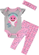 Baby Shark Infant Baby Girls' Bodysuit, Jogging Pants and Matching Headband Set
