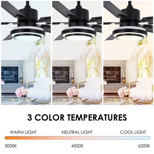 Modern Black 52" Reversible Ceiling Fan 3-Speed Remote 3-Color LED Chandelier - Picture 7 of 13