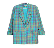 Vintage 80s 90s Blazer Large Multicolor Plaid Preppy Classic 100% Cotton USA