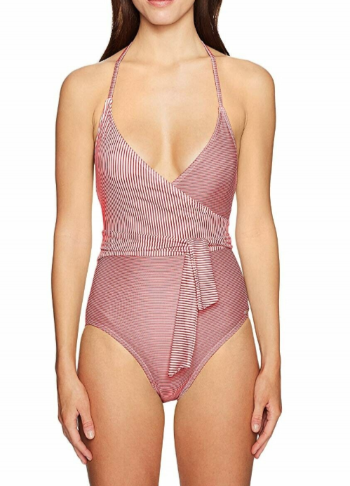 Vince Camuto Womens V Neck Wrap Tie One Piece Swimsuit Papaya Size 12