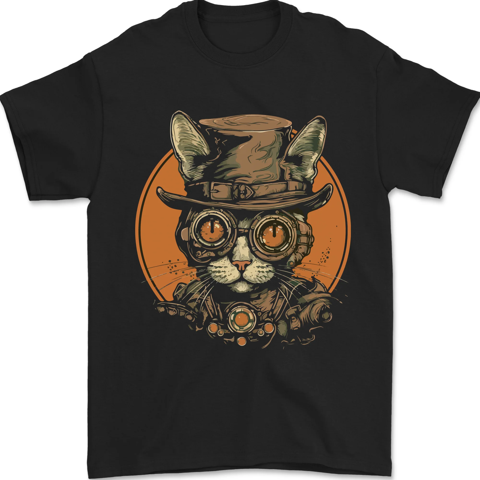 a Steampunk Cat With a Hat & Glasses Mens T-Shirt 100% Cotton