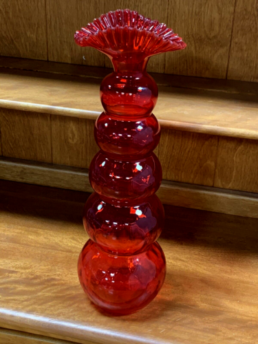 Large 17" Red Mid-Century Modern Glass Vase With Bubble Design & Ruffled Top (3A - Picture 1 of 12