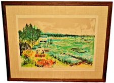 YOLANDE ARDISSONE Vintage Original Signed Boat Harbor Coast Landscape Lithograph
