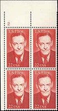 US Scott # 2239, T. S. Eliot, Poet, Plate Block of (4) 1986 22¢ Stamps, MNH