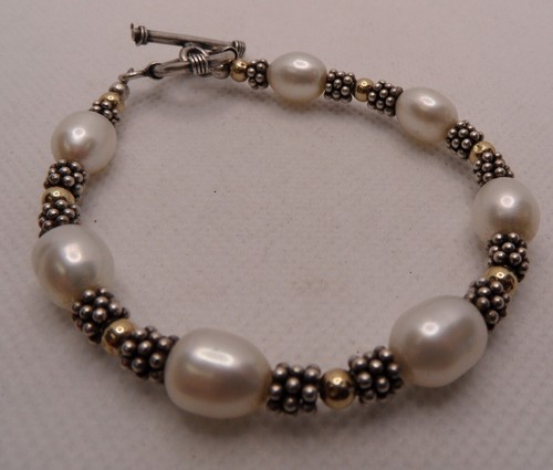 Vintage NF STERLINGSILBER 925 14K GELBGOLD PERLEN PERLEN ARMBAND 7,5" L 17,2 g