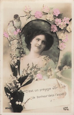 CP C'EST UN PRESAGE ... MEDAILLON LÄCHELNDE FRAU VÖGEL MAIGLÖCKCHEN BLUMEN - 41393