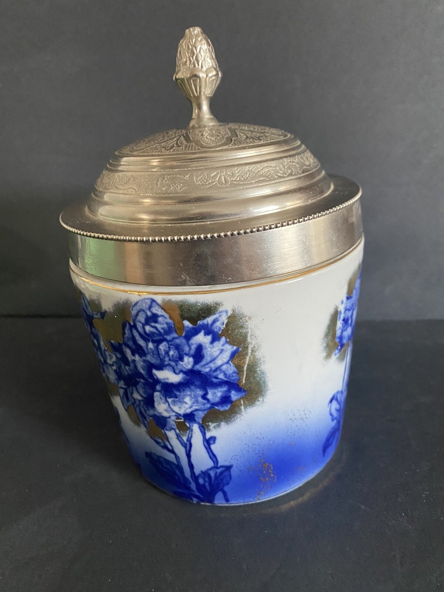 Antique Royal Doulton Biscuit Jar ~ Blue Gold Flowers w/ Pewter