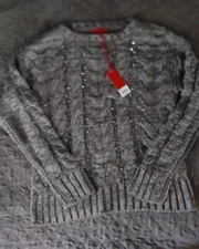NEW JLL JENNIFER LOPEZ GREY MEDIUM CABLE KNIT SWEATER