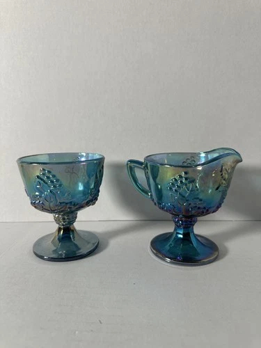 Vintage Indiana Carnival Glass Iridescent Blue Harvest Grape Sugar & Creamer Set