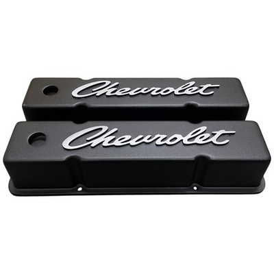 Small Block Chevy Tall Valve Covers - Billet Chevrolet Script, Black Powder Coat