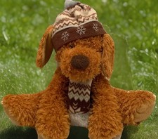 HugFun International Plush Soft Brown Dog In Snow Hat  Scarf 12  Snuggly Lovey