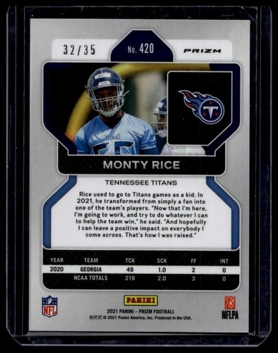 Monty Rice 2021 Panini Prizm #420 Purple No Huddle Disco Rookie /35 Titans - Picture 2 of 2