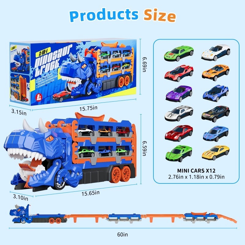 T-Rex 2-in-1 Dinosaur Truck Track with 12 Cars Set Toys for Kids Blue Version