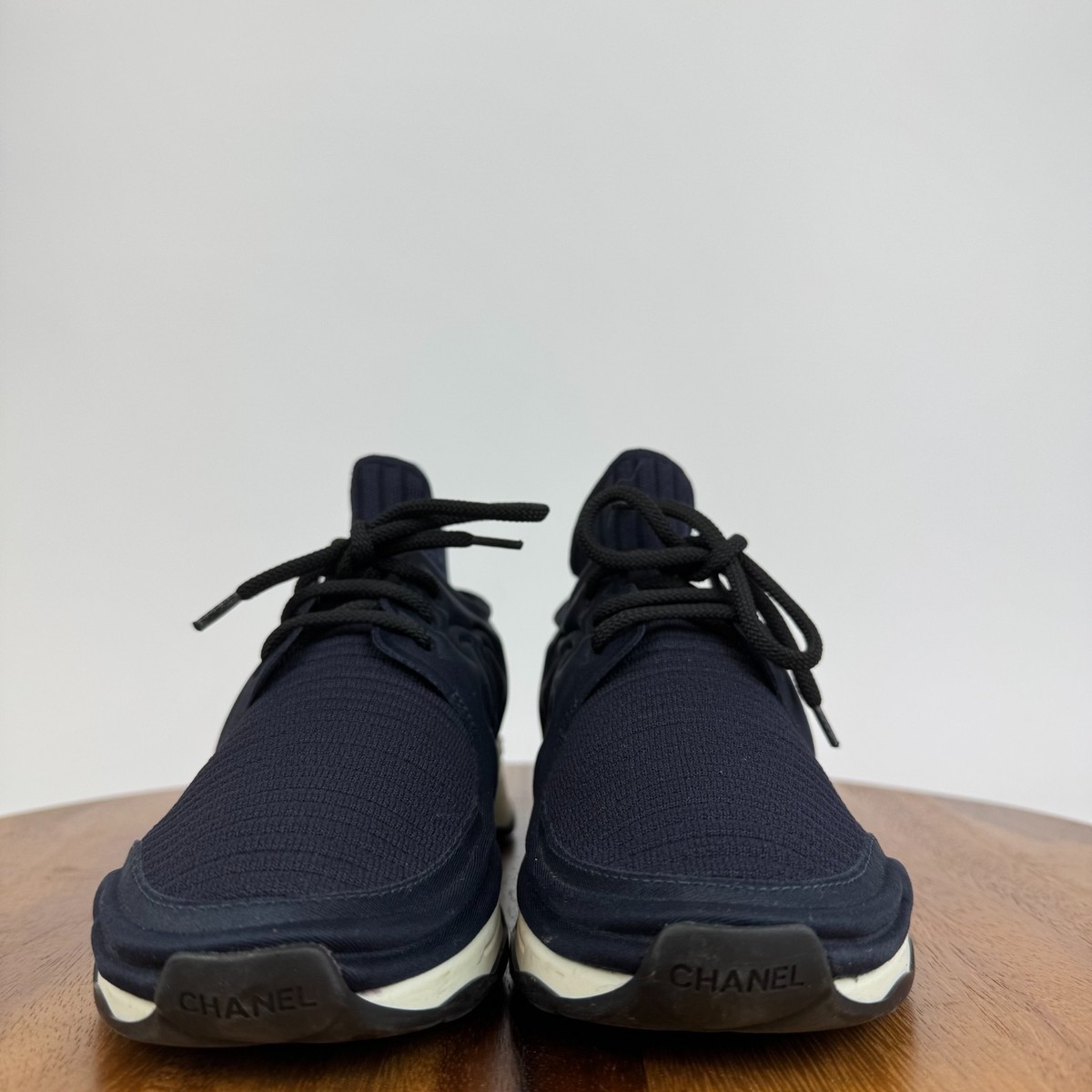 Womens Chanel Interlocking CC Logo Navy Blue Sock Sneakers Shoes