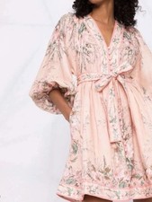 Zimmermann Moonshine Dress Size 2 AU 12/ US 8 Pink Floral Linen Puff Sleeve Mini