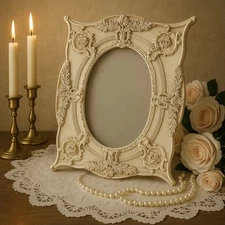 Victorian Baroque Ivory Ornate Photo Frame Shabby Chic Floral Carved Fit 3.5”x5”
