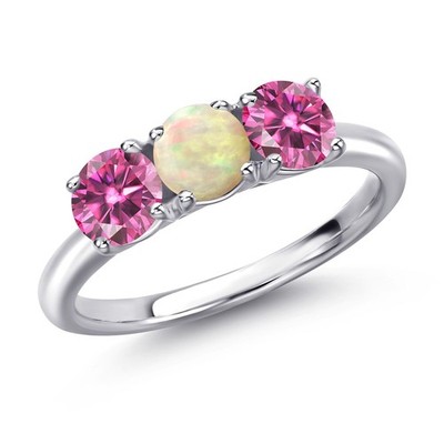 925 Sterling Silver White Ethiopian Opal and Pink Moissanite Engagement Ring