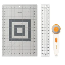 Fabric Cutting Set:White Rotary Cutter,Gray Cutting Mat,and Acrylic Sewing Ruler