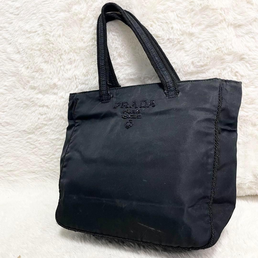 Prada Nylon Beaded Logo Tote Bag Large Capacity Black Casual