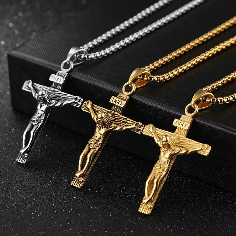 Men's Stainless Steel Jesus Christ Crucifix Cross Pendant Chain Necklace