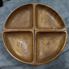 Vintage Genuine Wooden 12" Lazy Susan 4 Bowl Hand Carve Serving Patio Snack Tray