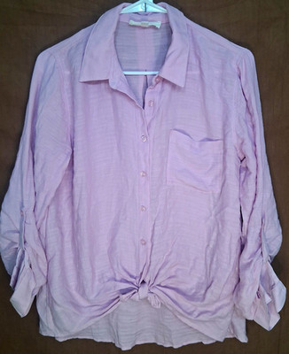 #110 Pink Rose Women s Solid Pink Collared Long Sleeve Button-Up Shirt M Regular