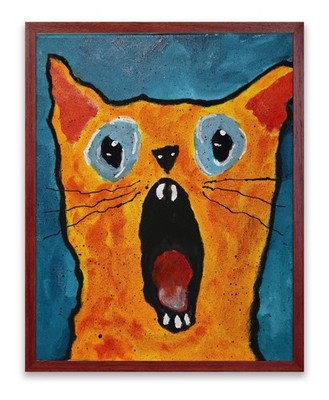 Abstract Cat Painting Canvas Art Orange Cat Blue Background Folk 11x14