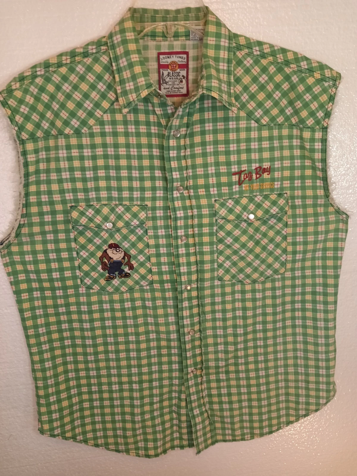 Looney Tunes Taz Boy Vintage Pearl Button Shirt Mens Medium Embroidered Cartoon