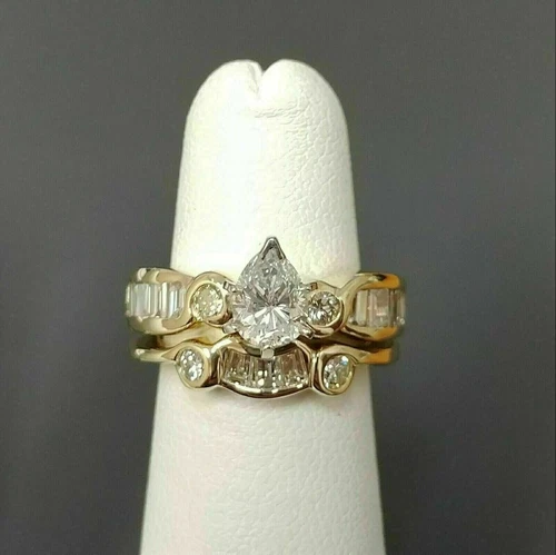 3Ct Pear Lab Created Diamond Vintage Wedding Band Ring Set 14k Yellow Gold Over
