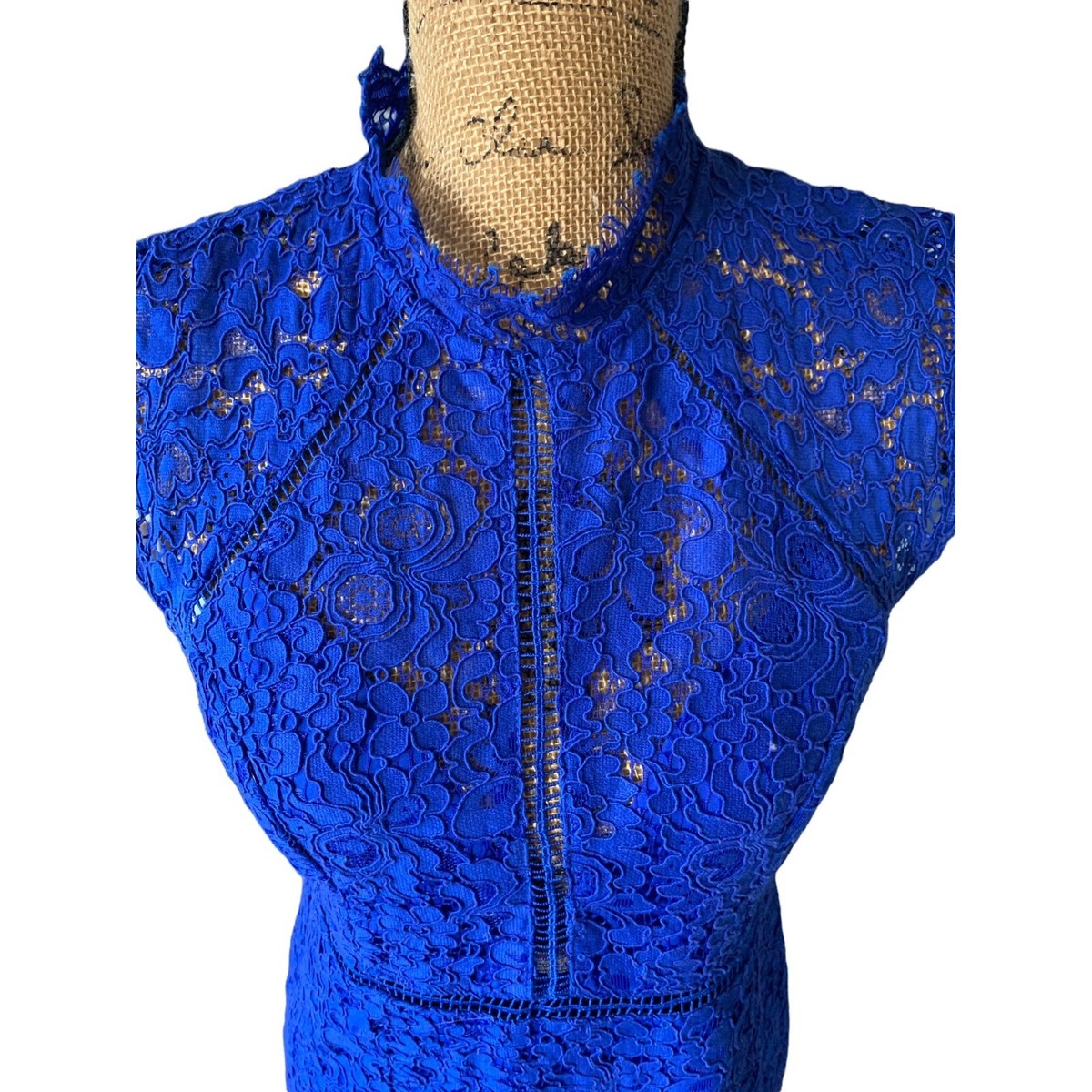 Cobalt Blue Lace High Neck Mid Length Dress with Capped Sleeves sz 8 | eBay