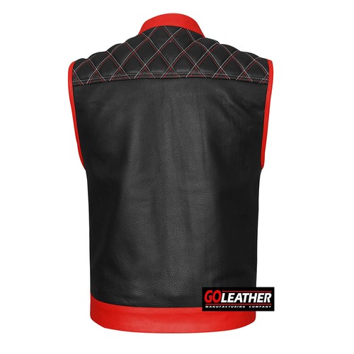 BIKER CLUB VEST BRUTAL RED ACCENTS LEATHER COWHIDE VEST - Picture 4 of 9
