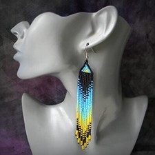 Tribal Earrings Native Large Boho American Seed Beads Handmade Multicolor