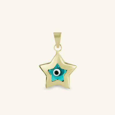 3/4'' Star Puffed Evil Eye Charm Pendant Real 14K Yellow Gold Good Luck Charm