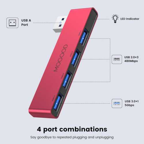 MOGOOD USB 3.0 Hub for Laptop with Red-Right Splitter Ports