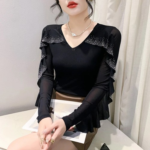 Womens Slim Rhinestone V-Neck Casual Korean Party Cocktail T-Shirt Blouse Tops - Picture 22 of 24