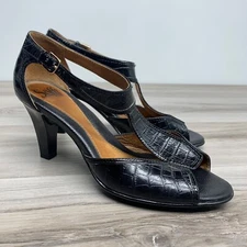 Sofft Open Toe Heels Patent Black Leather Wide T-Strap Size 8M Sandal