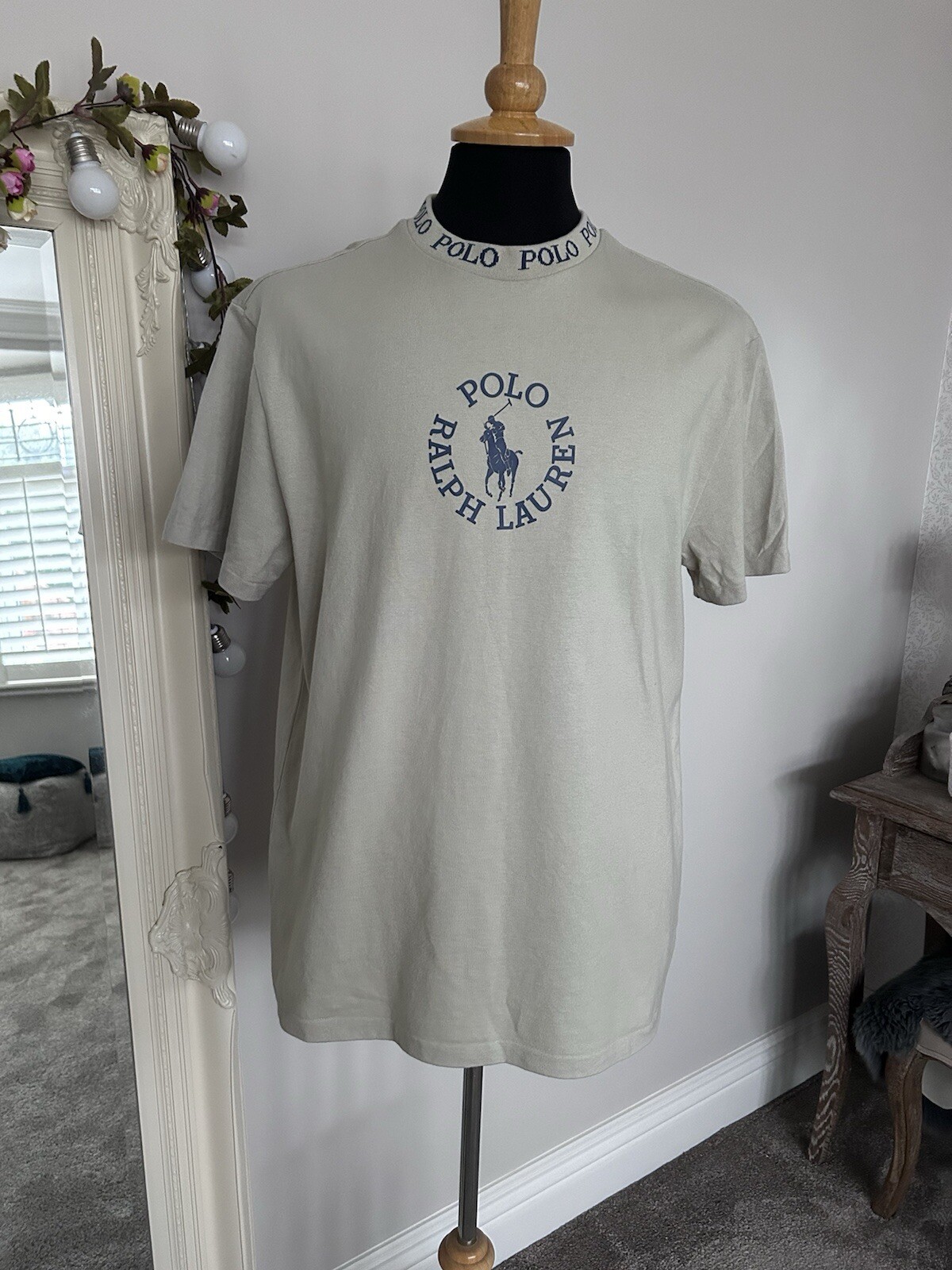 Polo Ralph Lauren beige girocollo maglietta POLO ricamata sul collo pony taglia M