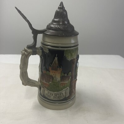 W Germany Ceramic Pewter Lid Hand Painted Beer Stein Bleibt Froh Das Herz 4x6 