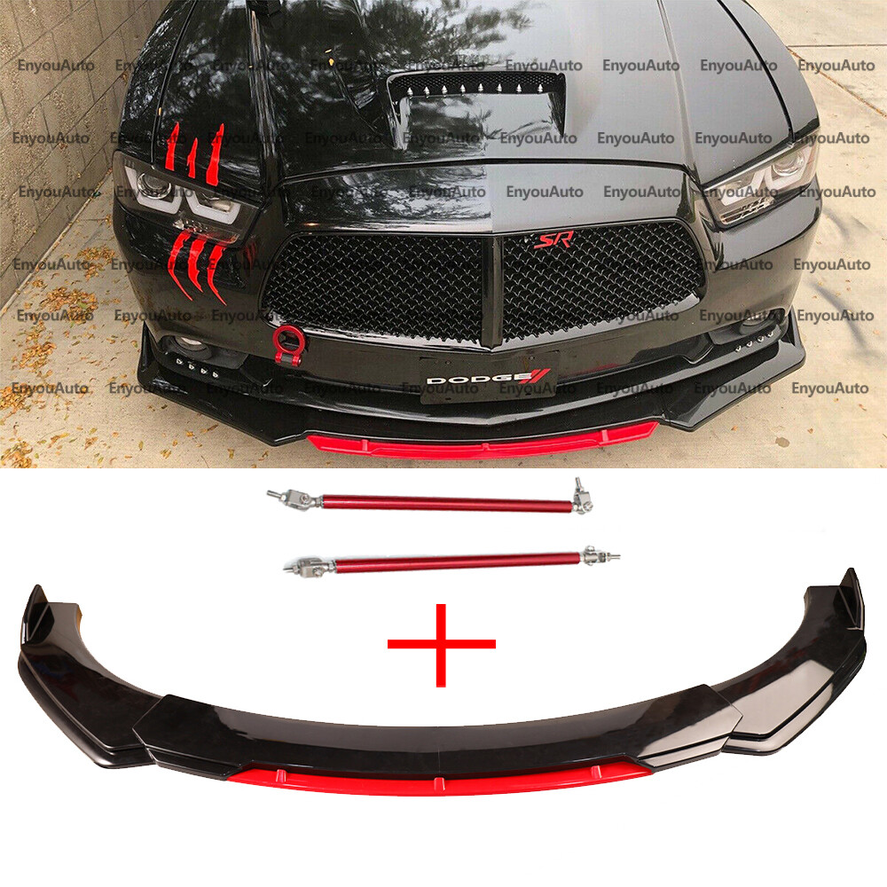 For Dodge Charger Front Bumper Lip Spoiler Splitter + Strut Rods Black Red
