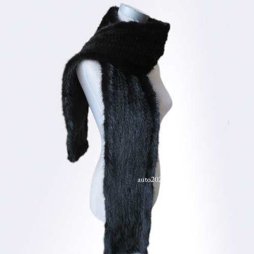 Men's Real Mink Fur Scarf Neckerchief Winter Warm Shawl Wraps Black 170x15cm - Picture 6 of 12