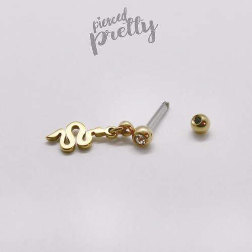 20g 16g Snake dangle cartilage earring gold helix tragus flat back labret, 1pc - Picture 7 of 8