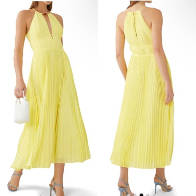 Jonathan Simkhai Yellow Carli Halter Neck Plissé Pleat Dress Size 12 $595 NWT