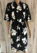 vtg S.L. Petites Black Floral Dress Sz 14P Elastic Waist Button Bodice 80s USA